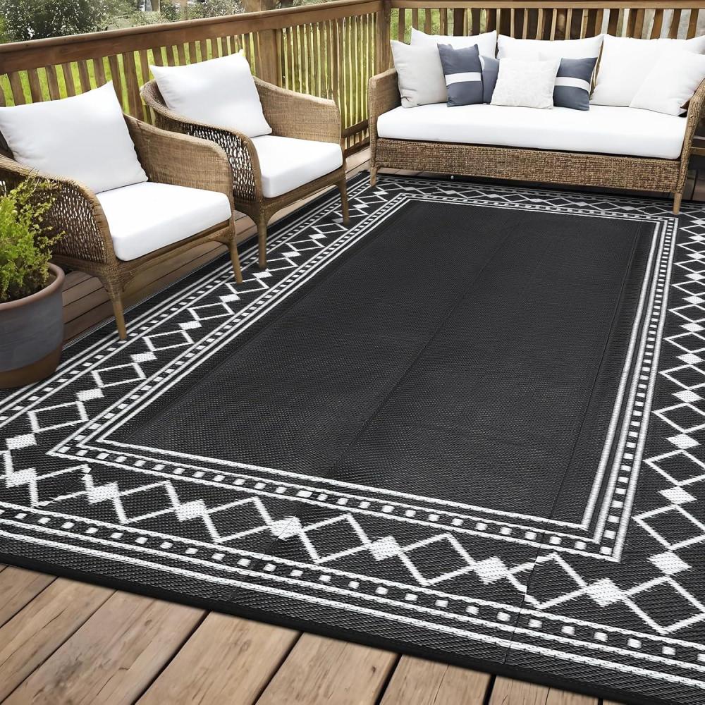 image:imageGarvee Outdoor Rug 9x12 Waterproof Reversible Patio Rug Modern Geometric Outdoor Carpet FadeProof amp Weather Resistant Minimalist RV Picnic Camping Mat for Garden Backyard BalconyGray amp BlackBlackWhite