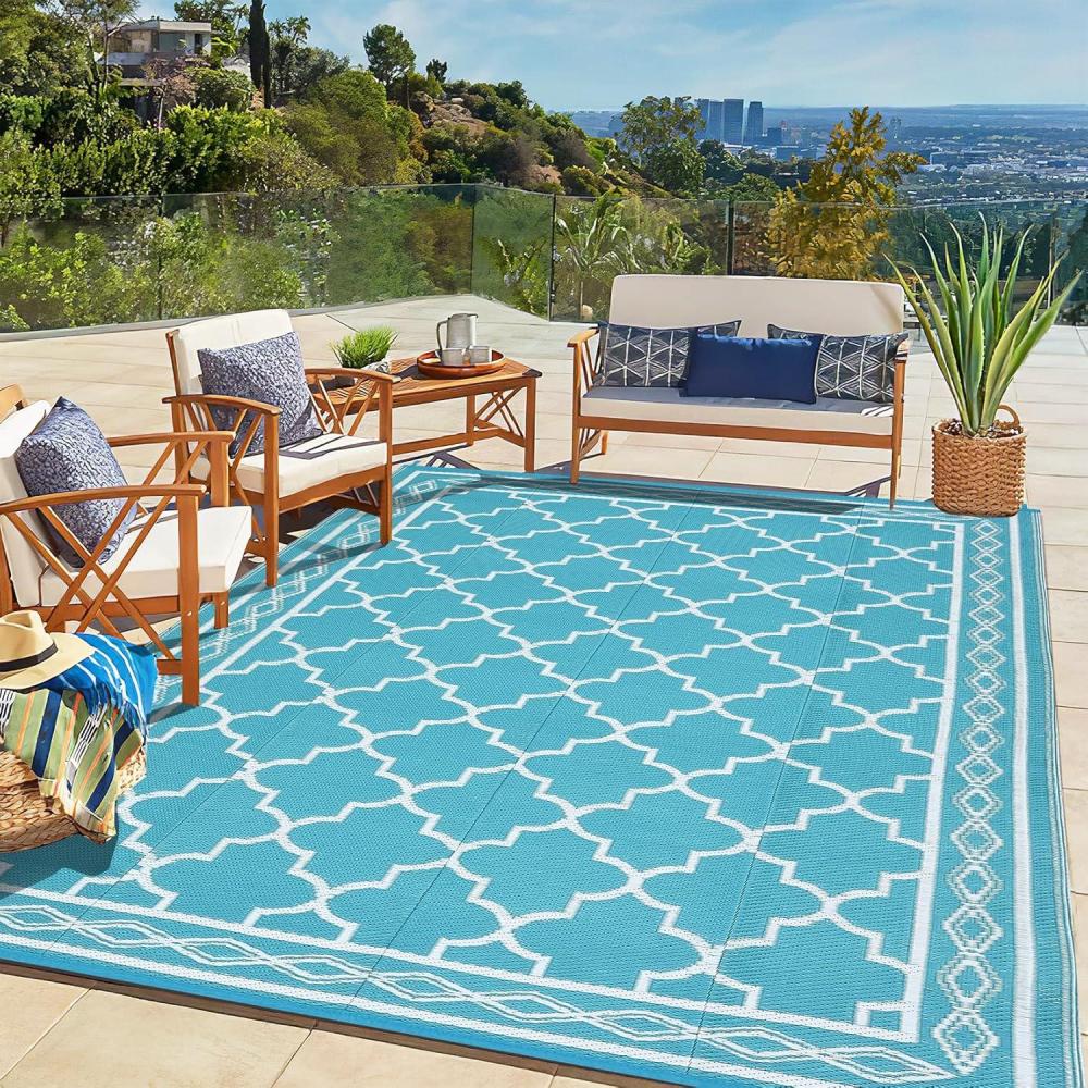 image:imageGarvee Outdoor Rug 9x12 Waterproof for Patio Clearance Large Plastic Straw Mat for Camping Porch RV Reversible Rugs for Deck Entryance Picnic Balcony Beach Light BlueWhite