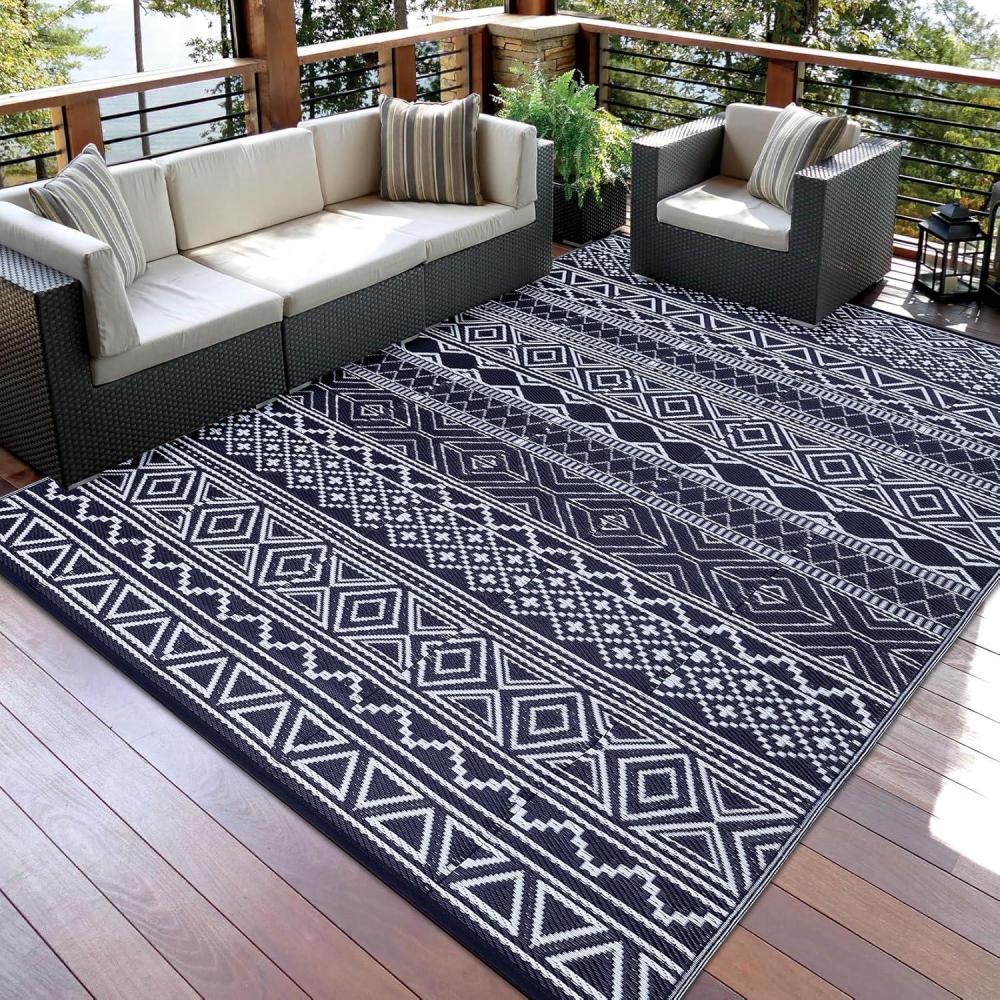 image:imageGarvee Outdoor Rug Outdoor Plastic Straw Rug Outdoor Rugs 9x12 for Patios Clearance Waterproof Patio Rug Camping Rugs for Outside Rv Grey Recyclable Woven Rugs for Yard Deck Dark Blue  White