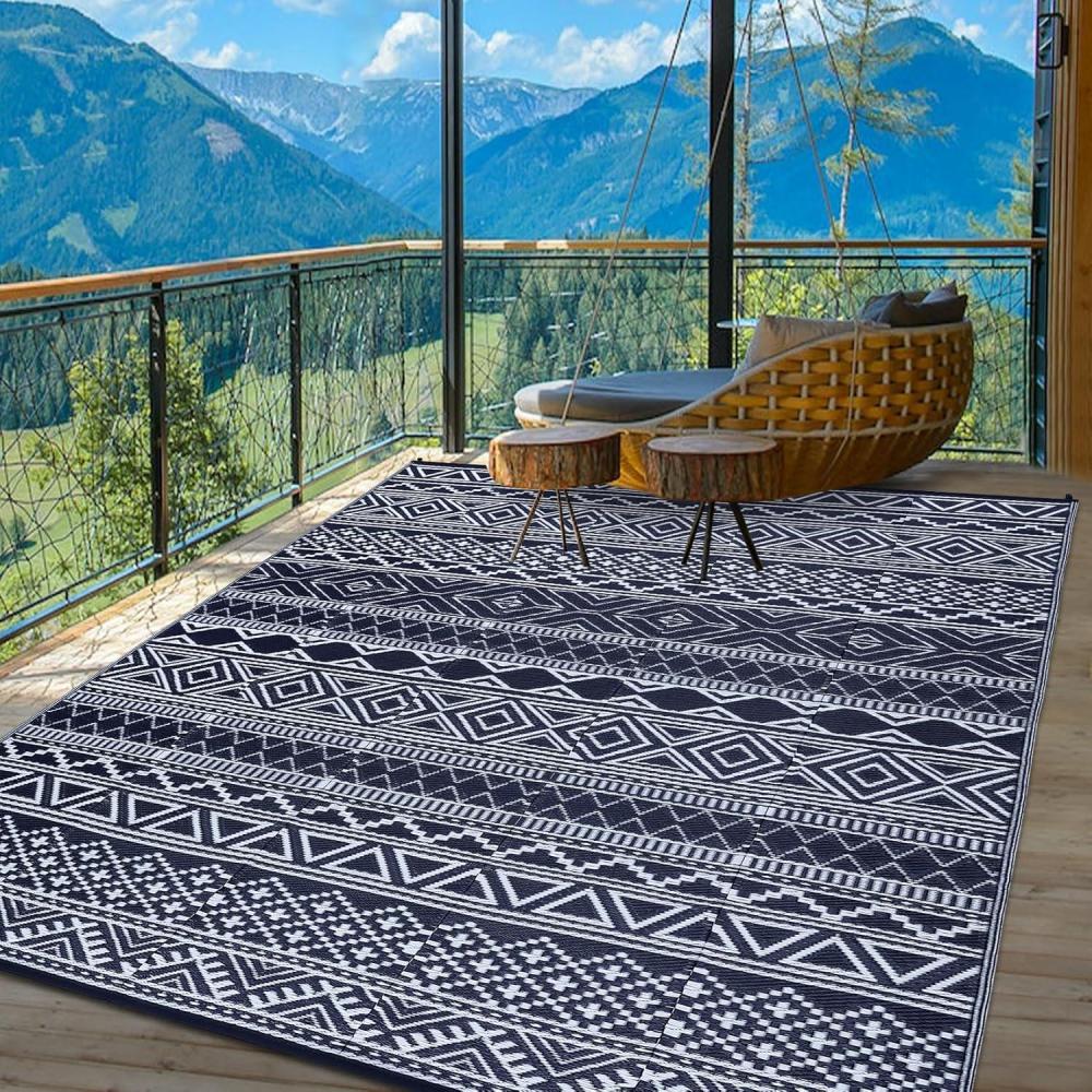 image:imageGarvee Outdoor Rug Waterproof 6x9 ft Outdoor Carpet Patio Rug Mat Reversible RV Camping Rug Plastic Straw Rug Outside Outdoor Area Rug for Patio Deck Balcony Backyard Picnic Beach Dark Blue amp White