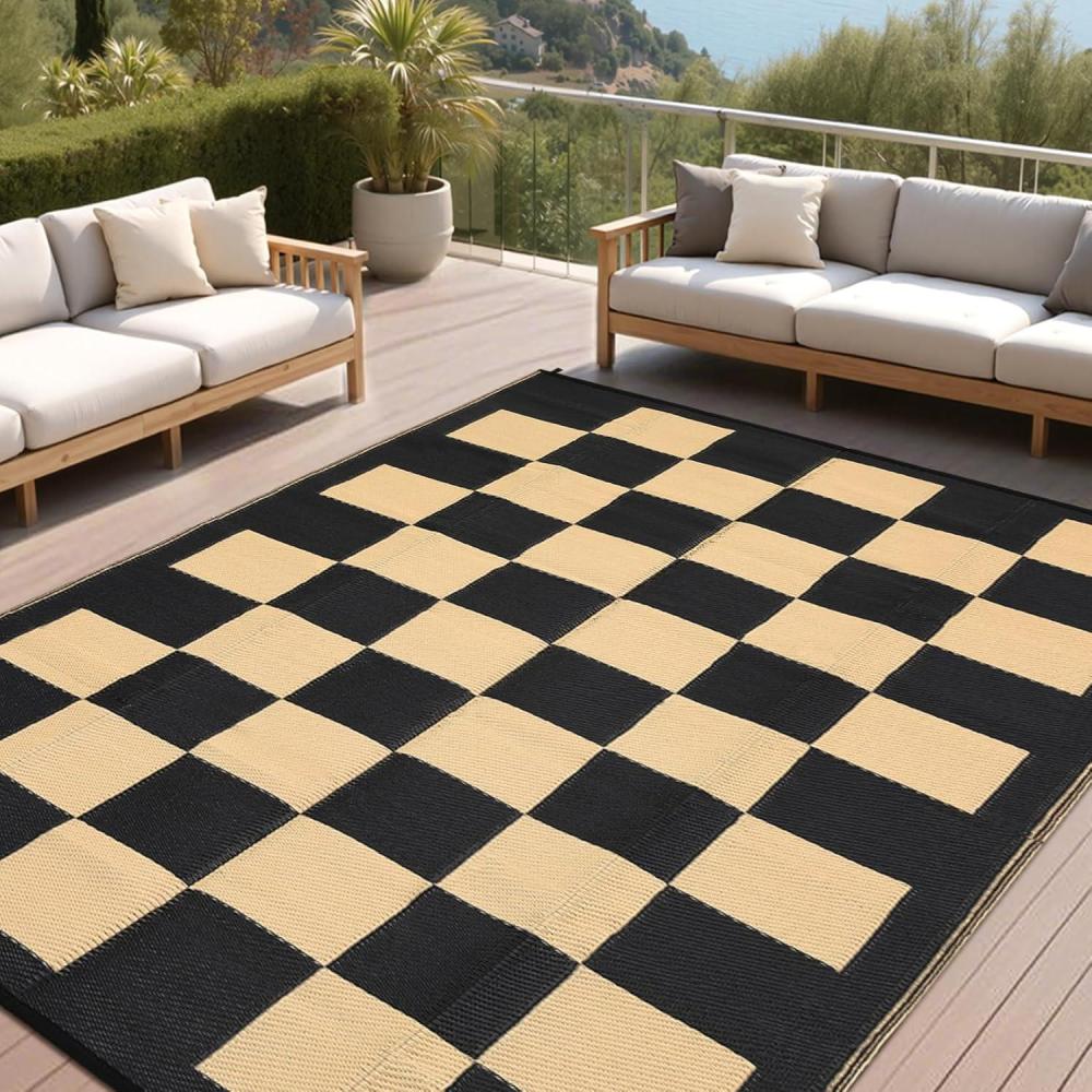 image:imageGarvee Outdoor Rug Waterproof 9x12 Reversible Mat Outside Plastic Straw Rug for Patio Modern Checkered Indoor Outdoor Carpet RV Mat for Deck Backyard Porch RV Camping Beach BlackGreyBlackBrown