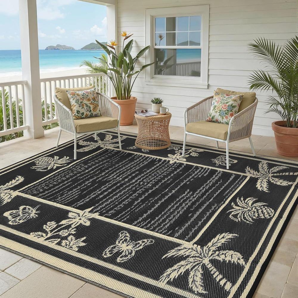 image:imageGarvee Outdoor Rugs 8x10 Waterproof Reversible Mats Large Area Plastic Straw Rug Outside Carpet Geometric Rv Mat for Patio Camping Picnic Backyard Deck Balcony Porch Beach TrailerBlack  Brown
