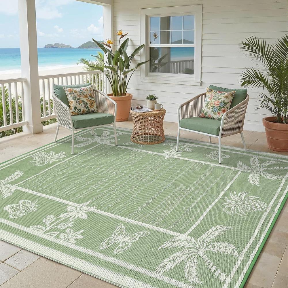 image:imageGarvee Outdoor Rugs 8x10 Waterproof Reversible Mats Large Area Plastic Straw Rug Outside Carpet Geometric Rv Mat for Patio Camping Picnic Backyard Deck Balcony Porch Beach TrailerSage Green  Ivory