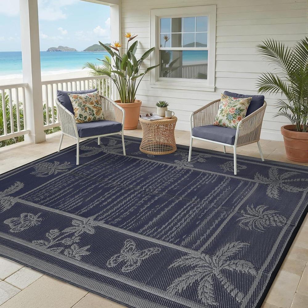 image:imageGarvee Outdoor Rugs 8x10 Waterproof Reversible Mats Large Area Plastic Straw Rug Outside Carpet Geometric Rv Mat for Patio Camping Picnic Backyard Deck Balcony Porch Beach TrailerNavy  Grey