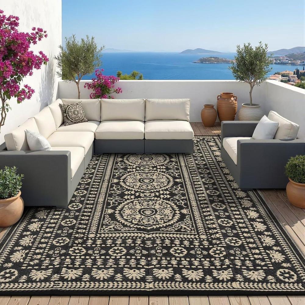 image:imageGarvee Outdoor Rugs 8x10 Waterproof Reversible Mats Large Area Plastic Straw Rug Outside Carpet Vintage Rv Mat for Patio Camping Picnic Backyard Deck Balcony Porch Beach TrailerBlack  Brown