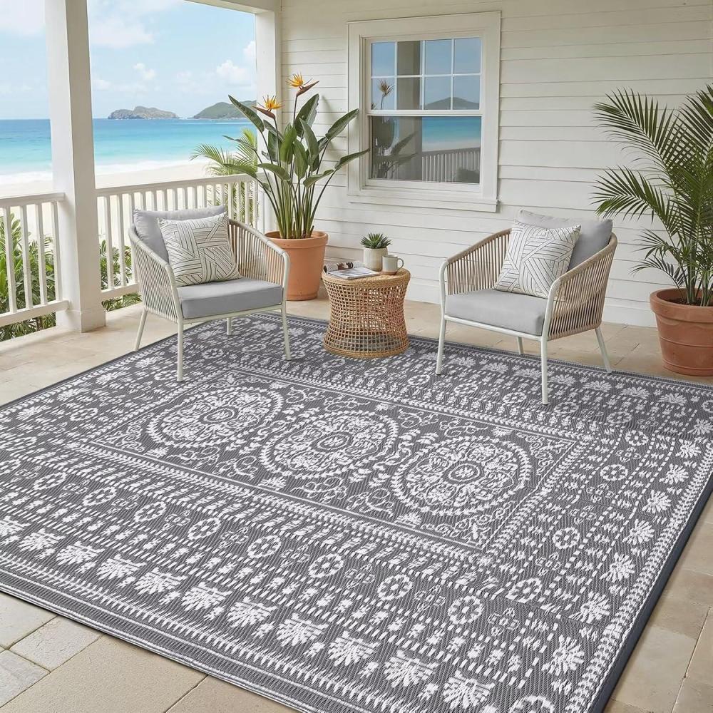 image:imageGarvee Outdoor Rugs 8x10 Waterproof Reversible Mats Large Area Plastic Straw Rug Outside Carpet Vintage Rv Mat for Patio Camping Picnic Backyard Deck Balcony Porch Beach TrailerGrey  White
