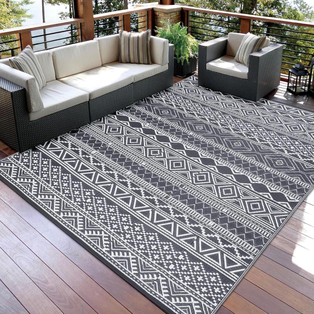 image:imageGarvee Outdoor Rugs 8x10 Waterproof for Patios Clearance Plastic Straw Mats for Backyard Porch Deck Balcony Reversible Gray  White