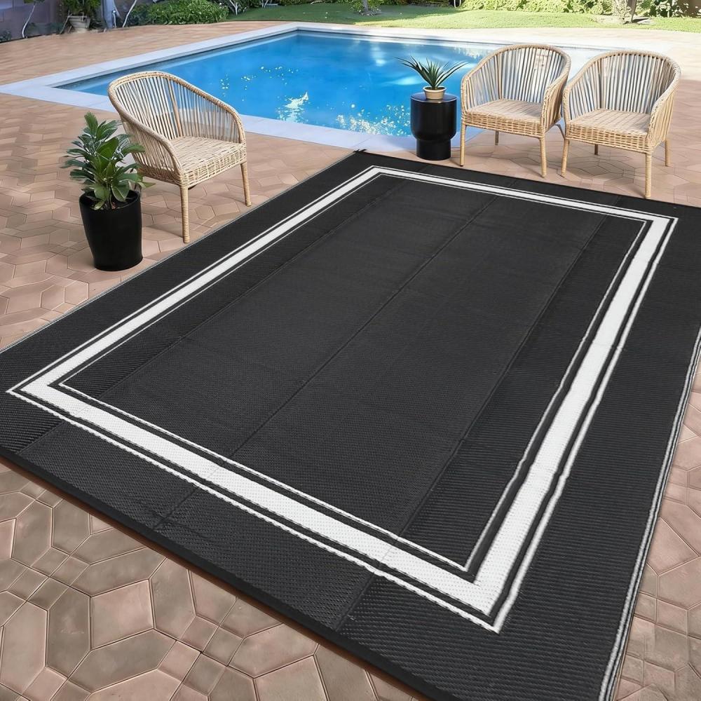 image:imageGarvee Patio Rugs Outdoor 10x14 Plastic Straw Rug Reversible Camping Carpet Waterproof Vintage Outdoor Mat with 4 Stakes and Storage Bag for RV Picnic Backyard Deck Balcony Porch BeachBorderblack