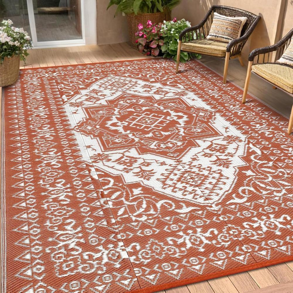 image:imageGarvee Patio Rugs Outdoor 10x14 Plastic Straw Rug Reversible Camping Carpet Waterproof Vintage Outdoor Mat with 4 Stakes and Storage Bag for RV Picnic Backyard Deck Balcony Porch BeachVintageredwhite