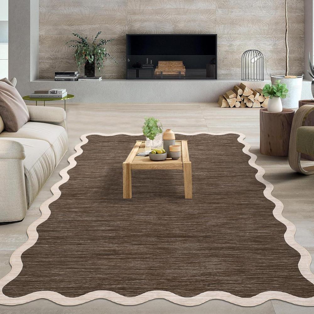 image:imageGarvee Scalloped Washable Rugs 9x12 Area Rug for Bedroom Rug Non Slip Throw Rugs Large Living Room Rug Modern Farmhouse Low Pile Soft Stain Resistant Carpet for Nursery Dining Room 9x12 Dark Brown