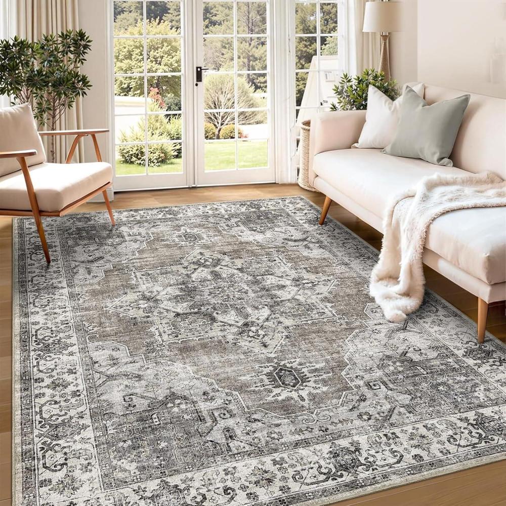 image:imageGarvee Vintage Living Room Area Rug 5x7 Large Soft Washable Bedroom Carpet Floral Print Retro Accent Rug Non Slip Thin Floor Carpet Low Pile Foldable Lightweight Rug for Dining Room Light GreenBrown