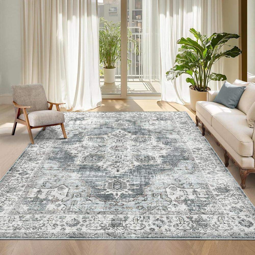 image:imageGarvee Vintage Living Room Area Rug 5x7 Large Soft Washable Bedroom Carpet Floral Print Retro Accent Rug Non Slip Thin Floor Carpet Low Pile Foldable Lightweight Rug for Dining Room Light GreenLight Green