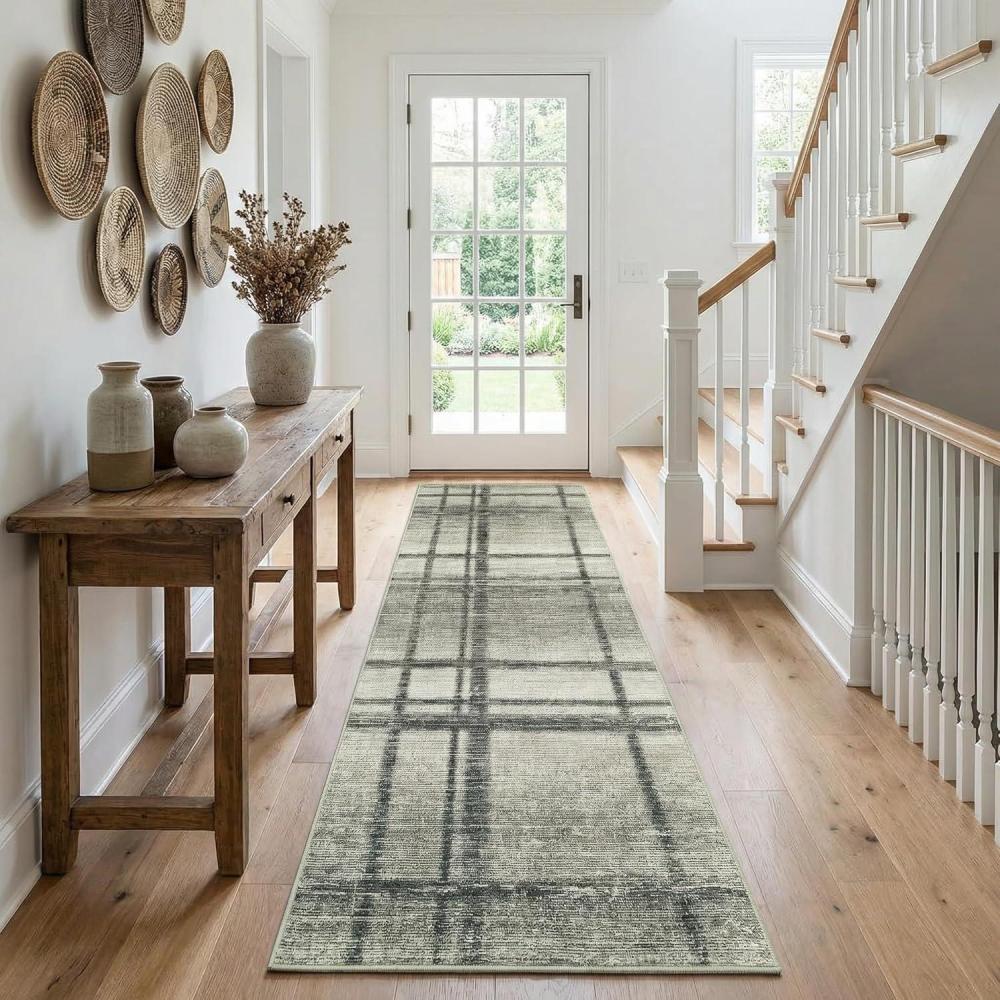 image:imageGarvee Washable 2x6 Runner Rug Modern Geometric Kitchen Rugs Soft Non Slip Stain Resistant Hallway Runner Indoor Contemporary Distressed Throw Carpet for Laundry Bathroom Bedroom GreenPlaidgreen