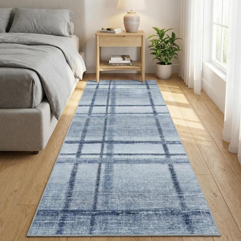 image:imageGarvee Washable 2x6 Runner Rug Modern Geometric Kitchen Rugs Soft Non Slip Stain Resistant Hallway Runner Indoor Contemporary Distressed Throw Carpet for Laundry Bathroom Bedroom GreenPlaidblue