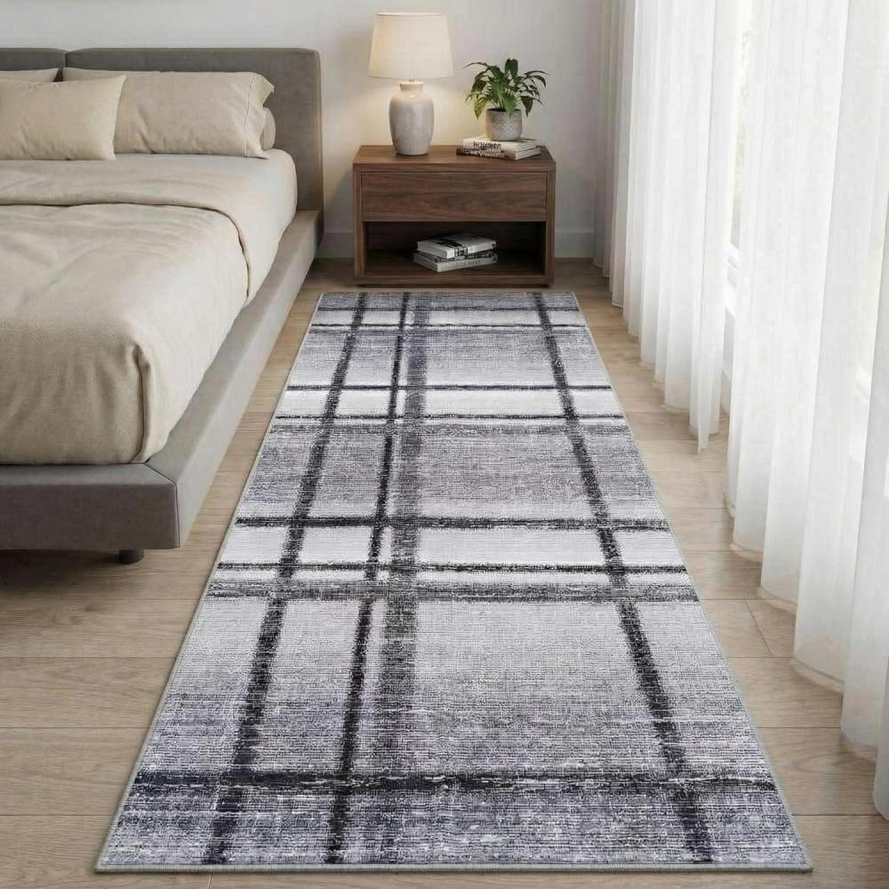 image:imageGarvee Washable 2x6 Runner Rug Modern Geometric Kitchen Rugs Soft Non Slip Stain Resistant Hallway Runner Indoor Contemporary Distressed Throw Carpet for Laundry Bathroom Bedroom GreenPlaidlight Grey