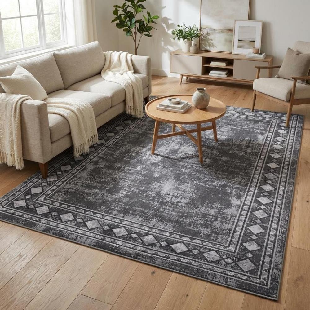 image:imageGarvee Washable Rug 4x6 Area Rugs for Living Room Bedroom Non Slip Low Pile Modern Geometric Foldable Soft Carpet Stain Resistant amp Easy Cleaning Floor Mats for EntrywayHome Office Decor Dark GreyBorder  Grey