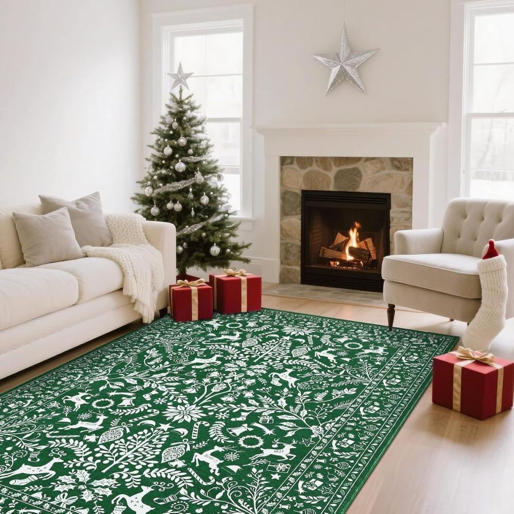 image:imageGarvee Washable Rugs for Bedroom 5x7 NonSlip Christmas Rug Soft NonShedding Xmas Holiday Indoor Carpet Festive Bell Snowman Deer Foldable Accent Rugs for Living Room Dining Room Office Kitchen Green