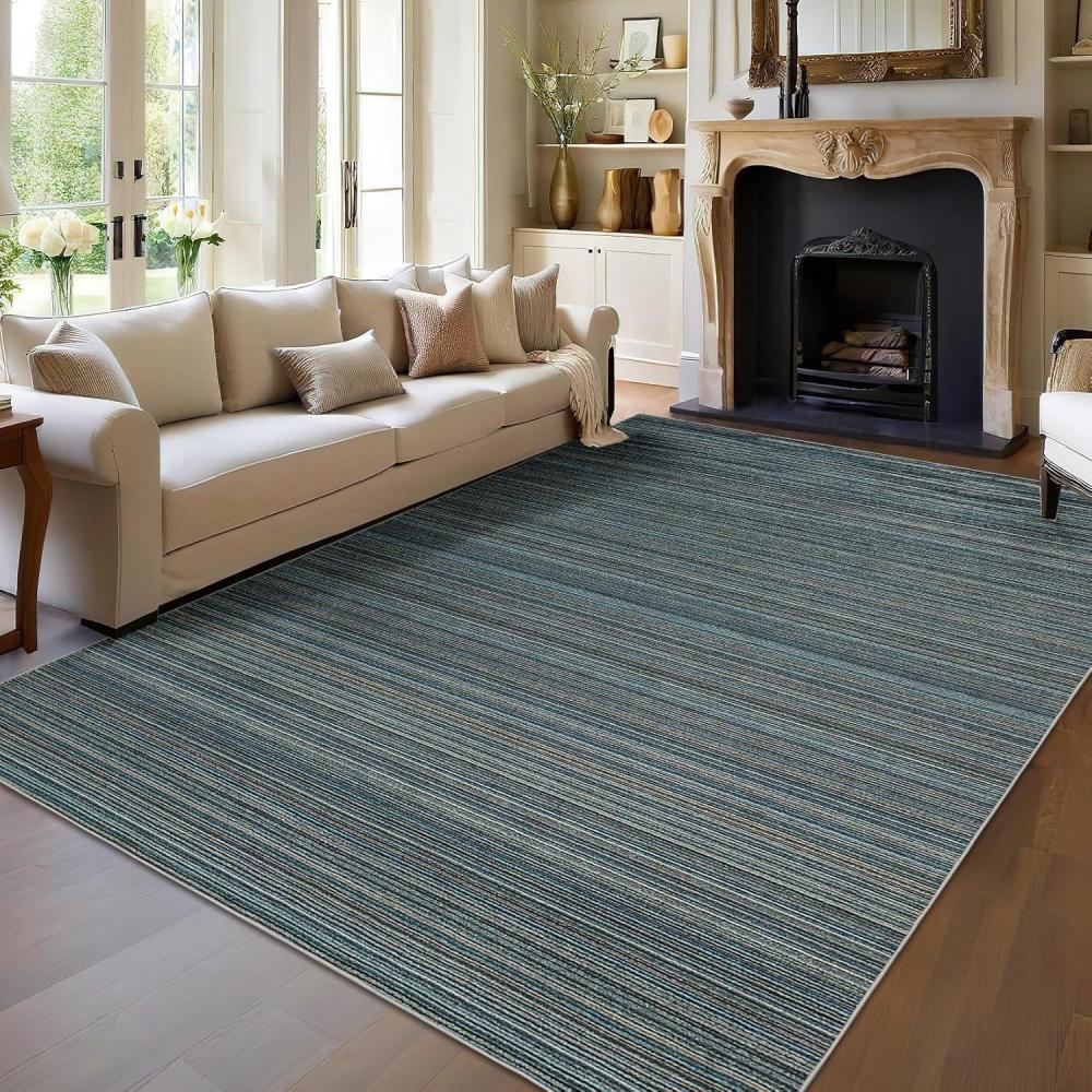 image:imageGarvee Washable Striped Rug 10x13 Large Area Rug for Living Room Bedroom or Dining Room Soft LowPile Striped Carpet NonSlip Easy to Clean Neutral Color for Home Decor Blue