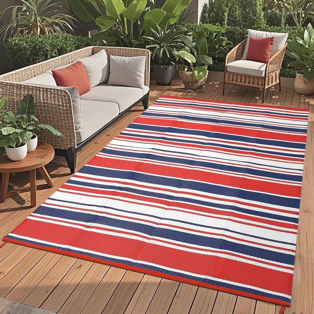 image:imageGarvee Waterproof Outdoor Rug 8x10 Plastic Straw Patio Camping Rug Indoor Outdoor RV Mat Carpet for Deck Camper Porch Balcony Backyard Picnic Light BlueRedBlue