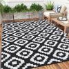 Garvee 9×12 Outdoor Rug for Patio Plastic Straw Rug Waterproof Reversible Mat Lightweight Foldable Carpet Easy Clean Large Rugs for Patio Porch Backyard Camping RV Beach Balcony Deck Panel Black Blue(Square White)