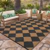 Garvee 9×12 Outdoor Rug for Patio Plastic Straw Rug Waterproof Reversible Mat Lightweight Foldable Carpet Easy Clean Large Rugs for Patio Porch Backyard Camping RV Beach Balcony Deck Panel Black Blue(Checkered Brown)