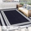 Garvee 9×12 Outdoor Rug for Patio Plastic Straw Rug Waterproof Reversible Mat Lightweight Foldable Carpet Easy Clean Large Rugs for Patio Porch Backyard Camping RV Beach Balcony Deck Panel Black Blue(Panel Black Blue)