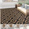 Garvee 9×12 Outdoor Rug for Patio Plastic Straw Rug Waterproof Reversible Mat Lightweight Foldable Carpet Easy Clean Large Rugs for Patio Porch Backyard Camping RV Beach Balcony Deck Panel Black Blue(Square Brown)