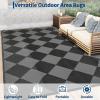 Garvee 9×12 Outdoor Rug for Patio Plastic Straw Rug Waterproof Reversible Mat Lightweight Foldable Carpet Easy Clean Large Rugs for Patio Porch Backyard Camping RV Beach Balcony Deck Panel Black Blue(Checkered Black)