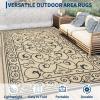 Garvee 9×12 Outdoor Rug for Patio Plastic Straw Rug Waterproof Reversible Mat Lightweight Foldable Carpet Easy Clean Large Rugs for Patio Porch Backyard Camping RV Beach Balcony Deck Panel Black Blue(Vintage Beige)
