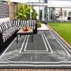 Garvee 9×12 Outdoor Rug for Patio Plastic Straw Rug Waterproof Reversible Mat Lightweight Foldable Carpet Easy Clean Large Rugs for Patio Porch Backyard Camping RV Beach Balcony Deck Panel Black Blue(Leaf Grey)