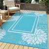 Garvee 9×12 Outdoor Rug for Patio Plastic Straw Rug Waterproof Reversible Mat Lightweight Foldable Carpet Easy Clean Large Rugs for Patio Porch Backyard Camping RV Beach Balcony Deck Panel Black Blue(Floral Blue)