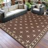 Garvee Geometric Outdoor Rug 9×12, Reversible Waterproof Plastic Straw Area Mat for Patio, RV Awning, Garden, Deck, Balcony, Camping and Beach,Black White(Brown Coffee)
