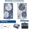 Garvee Patio Rugs Outdoor 10×14 Plastic Straw Rug Reversible Camping Carpet, Waterproof Vintage Outdoor Mat with 4 Stakes and Storage Bag for RV, Picnic, Backyard, Deck, Balcony, Porch, Beach(Floral|navy&white)