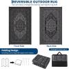 Garvee Patio Rugs Outdoor 10×14 Plastic Straw Rug Reversible Camping Carpet, Waterproof Vintage Outdoor Mat with 4 Stakes and Storage Bag for RV, Picnic, Backyard, Deck, Balcony, Porch, Beach(Vintage|black&grey)