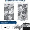 Garvee Patio Rugs Outdoor 10×14 Plastic Straw Rug Reversible Camping Carpet, Waterproof Vintage Outdoor Mat with 4 Stakes and Storage Bag for RV, Picnic, Backyard, Deck, Balcony, Porch, Beach(Leaf|grey&white)