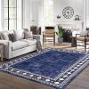 Garvee Washable Rug 4×6 Area Rugs for Living Room Bedroom, Non Slip Low Pile Modern Geometric Foldable Soft Carpet, Stain Resistant & Easy Cleaning Floor Mats for Entryway,Home Office Decor, Dark Grey(Border – Blue)
