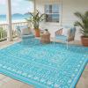Garvee Outdoor Rugs 8’x10’ Waterproof Reversible Mats, Large Area Plastic Straw Rug, Outside Carpet, Vintage Rv Mat for Patio Camping Picnic Backyard Deck Balcony Porch Beach Trailer(Teal Blue & White)