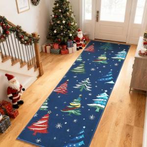 Garvee 2×6 Runner Rug, Checkered Christmas Rugs for Holiday Decor, Non Slip Low Pile Washable Rug for Kitchen, Entryway, Living Room, Bedroom, Red(Blue (Xmas Tree))