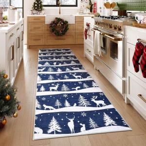 Garvee 2×6 Runner Rug, Checkered Christmas Rugs for Holiday Decor, Non Slip Low Pile Washable Rug for Kitchen, Entryway, Living Room, Bedroom, Red(Blue (Xmas Tree Reindeer))
