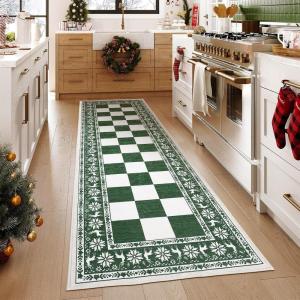 Garvee 2×6 Runner Rug, Checkered Christmas Rugs for Holiday Decor, Non Slip Low Pile Washable Rug for Kitchen, Entryway, Living Room, Bedroom, Red(Green and White)