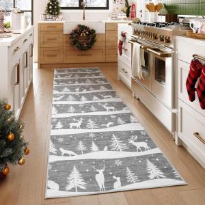 Garvee 2×6 Runner Rug, Checkered Christmas Rugs for Holiday Decor, Non Slip Low Pile Washable Rug for Kitchen, Entryway, Living Room, Bedroom, Red(Grey (Xmas Tree Reindeer))