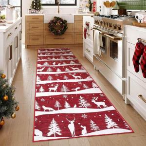 Garvee 2×6 Runner Rug, Checkered Christmas Rugs for Holiday Decor, Non Slip Low Pile Washable Rug for Kitchen, Entryway, Living Room, Bedroom, Red(Red (Xmas Tree Reindeer))