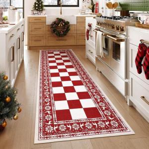 Garvee 2×6 Runner Rug, Checkered Christmas Rugs for Holiday Decor, Non Slip Low Pile Washable Rug for Kitchen, Entryway, Living Room, Bedroom, Red(Red and White)