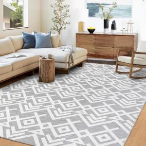 Garvee 5×7 ft Geometric Area Rugs, Modern Washable Rugs for Living Room, Ultra-Thin Low Pile Large Carpet for Bedroom, Stain Resistant Non Slip Indoor Floor Mat for Dining Room/Kitchen/Nursery(Blue)(Grey)