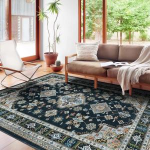 Garvee 5×7 ft Vintage Boho Floral Area Rug for Living Room, Oriental Style Machine Washable Large Rugs, Non Slip Low Pile Soft Carpet for Bedroom/Dining Room/Farmhouse/Nursery/Apartment(Blue Green)(Black)