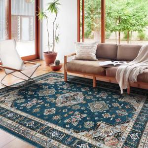 Garvee 5×7 ft Vintage Boho Floral Area Rug for Living Room, Oriental Style Machine Washable Large Rugs, Non Slip Low Pile Soft Carpet for Bedroom/Dining Room/Farmhouse/Nursery/Apartment(Blue Green)(Blue)