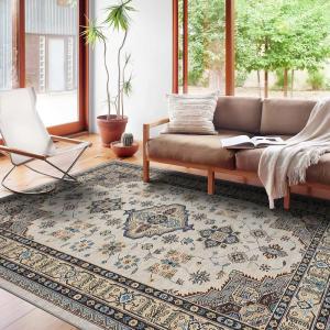 Garvee 5×7 ft Vintage Boho Floral Area Rug for Living Room, Oriental Style Machine Washable Large Rugs, Non Slip Low Pile Soft Carpet for Bedroom/Dining Room/Farmhouse/Nursery/Apartment(Blue Green)(Beige)
