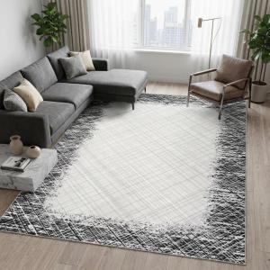 Garvee 8×10 Area Rug Machine Washable Rug Modern Bordered Area Rug, Stain Resistant Non-Slip Accent Rug Minimalist Border Floor Cover Farmhouse Carpet Rug for Living Room Decor, Grey