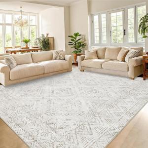 Garvee 8×10 Large Living Room Rug with Rubber Backing, Vintage Geometric Area Rugs Stain Resistant Neutral Distressed Accent Rug Non Shedding Low Pile Carpet for Bedroom, Dining Room, Office, Black(Distressed|ivory)