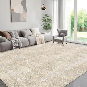 Garvee 8×10 Large Living Room Rug with Rubber Backing, Vintage Geometric Area Rugs Stain Resistant Neutral Distressed Accent Rug Non Shedding Low Pile Carpet for Bedroom, Dining Room, Office, Black(Distressed|beige)